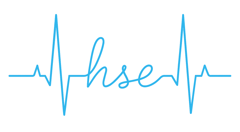 Sinus health & safety ehrl Logo mit der Schrift "hs-e" in blauer Farbe und einem EKG-Linienmuster darunter.