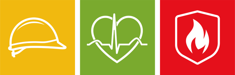 Symbole health & safety ehrl Symbole in drei Feldern: Helm, Herzschlag und Flammensymbol. Diese stehen für den Arbeits-, Gesundheits- und Brandschutz.